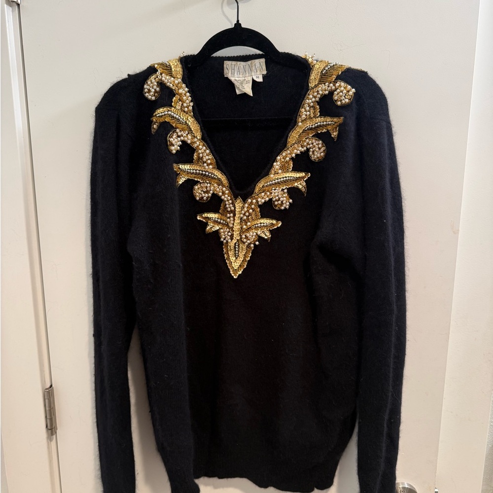 St. John Black V-Neck Sweater with Gold Accents